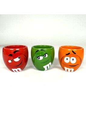 M&MS M&M Mars Collectable Ceramic Barrel Shot Glass Set Of 3 Red Green Orange